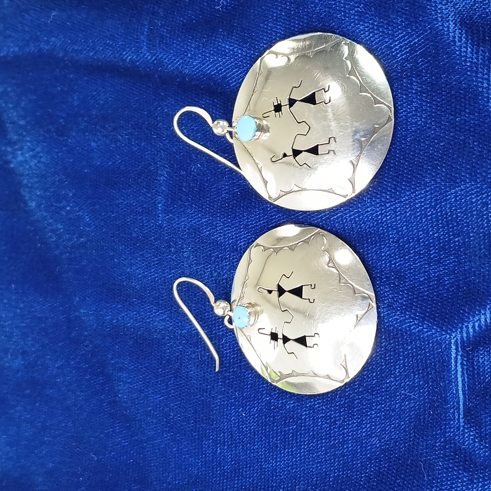 Native American Hook Earrings Sterling Silver Cut Out Figures and Turquoise - Picture 3 of 12
